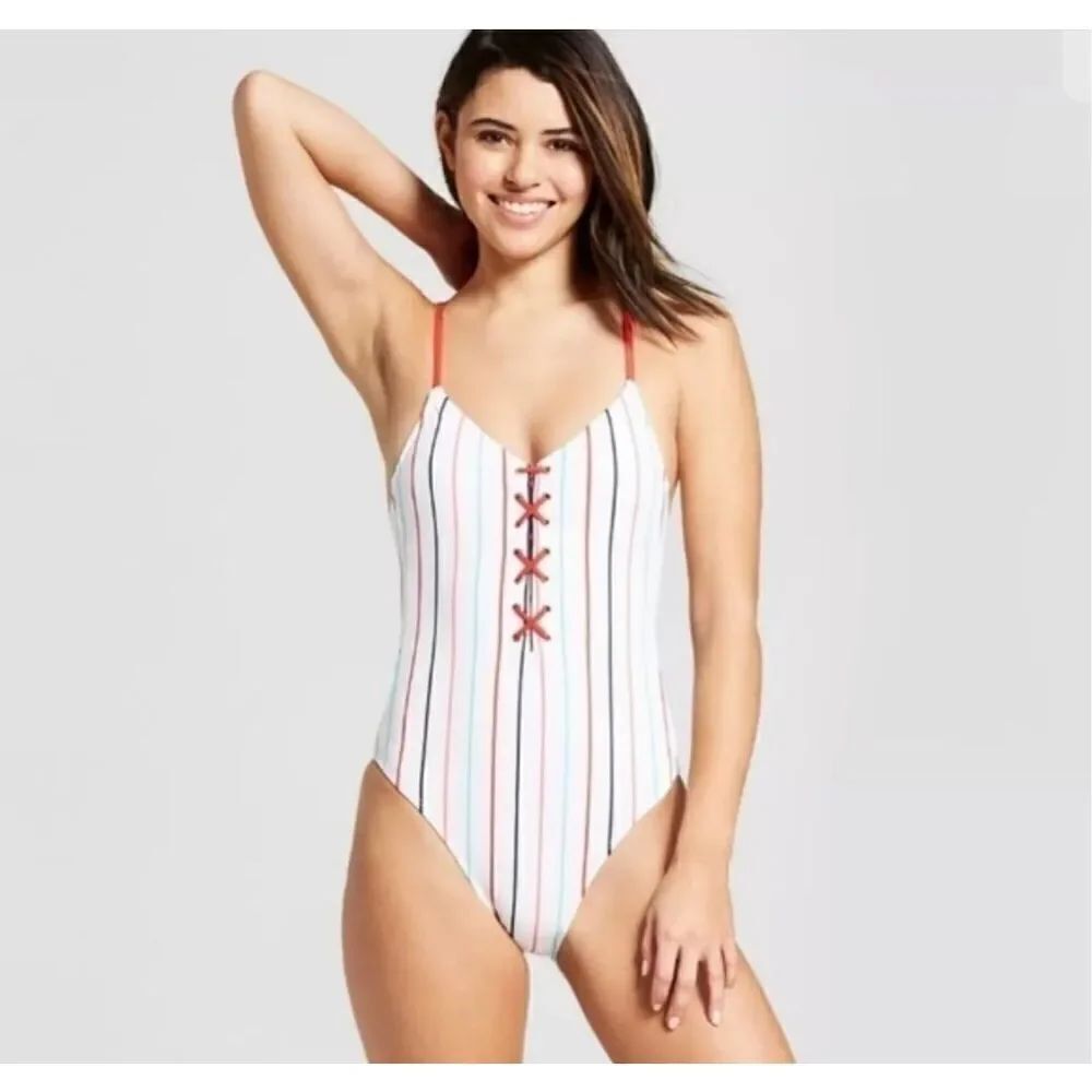 Xhilaration One Piece Swimsuit white Multicolor Stripes Lace up Front Detail Siz